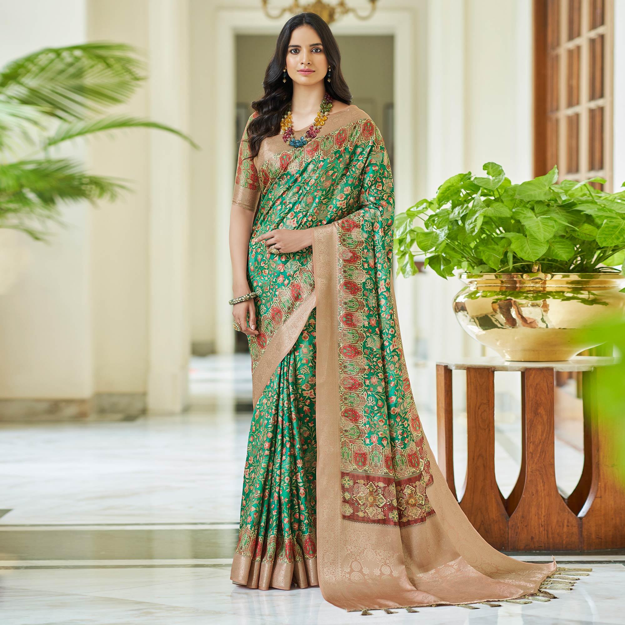 Green Floral Digital Printed With Woven Border Art Silk Saree - Peachmode
