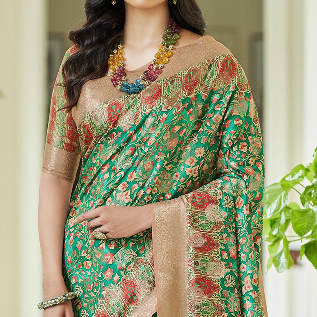 Green Floral Digital Printed With Woven Border Art Silk Saree - Peachmode