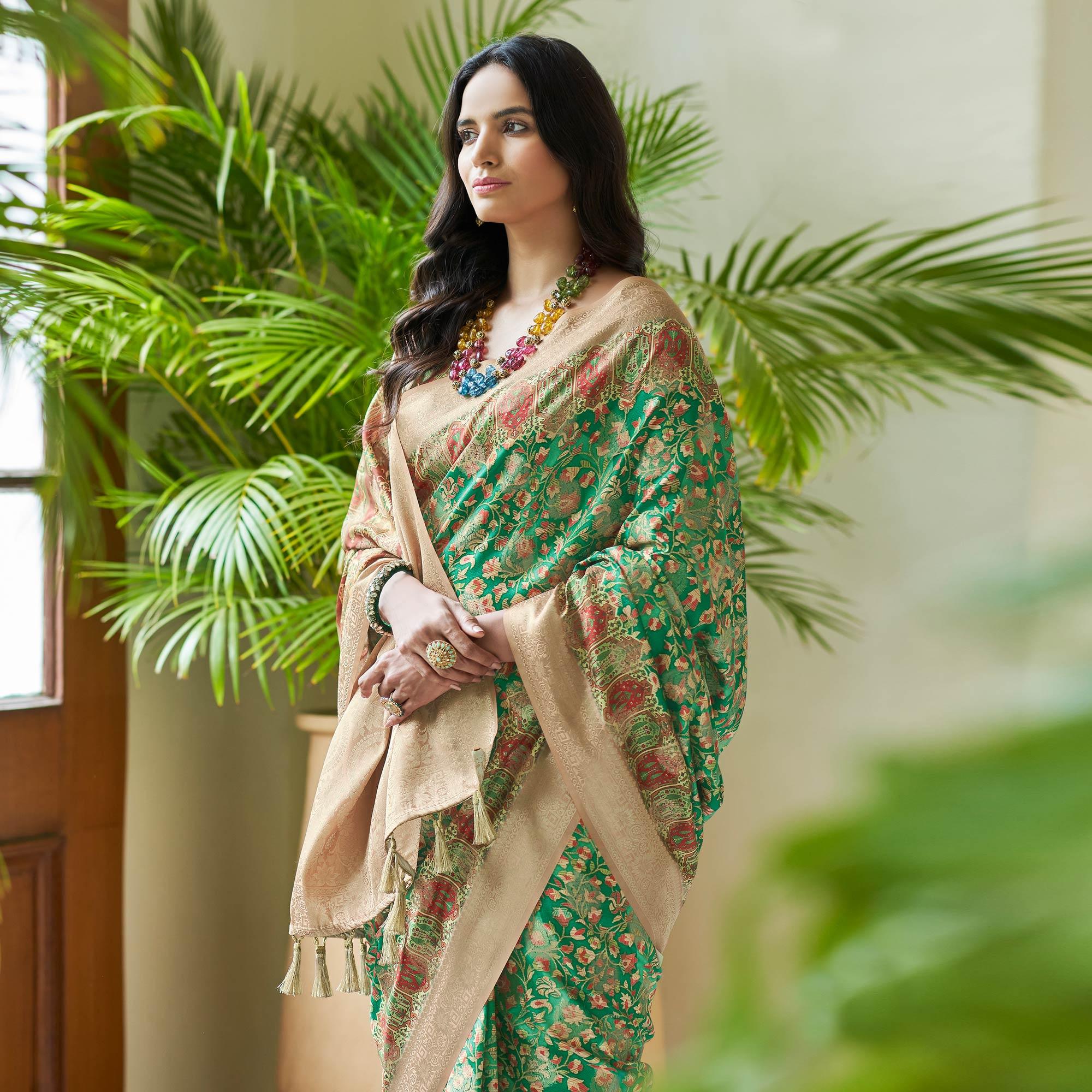 Green Floral Digital Printed With Woven Border Art Silk Saree - Peachmode