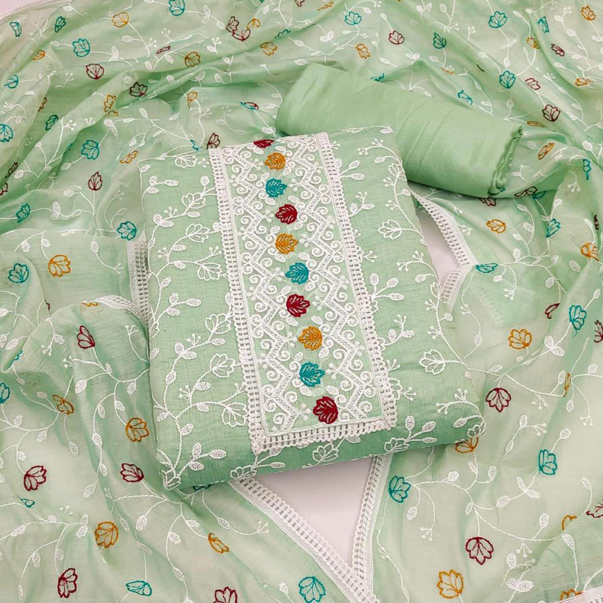 Green Floral Embroidered Chanderi Dress Material - Peachmode