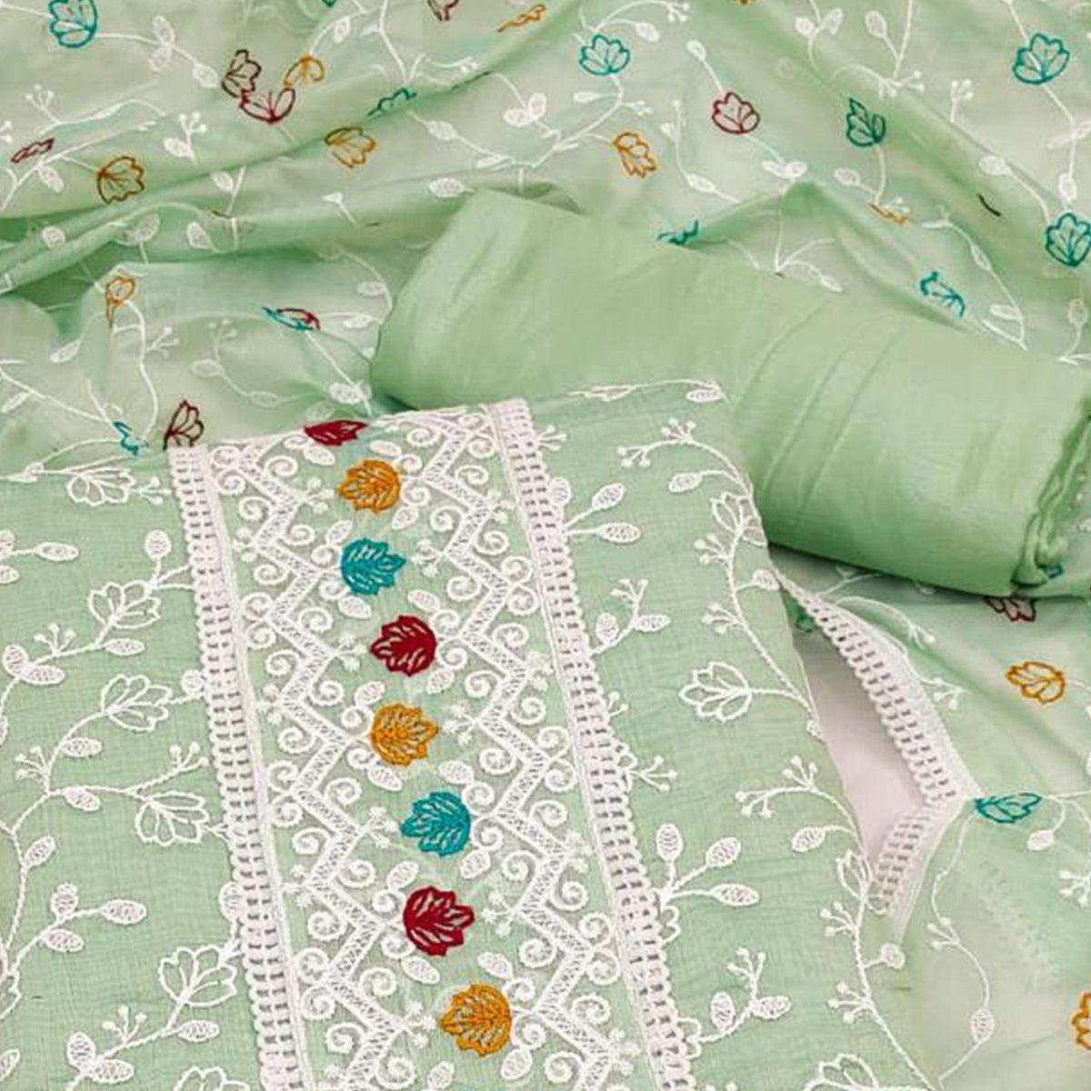 Green Floral Embroidered Chanderi Dress Material - Peachmode