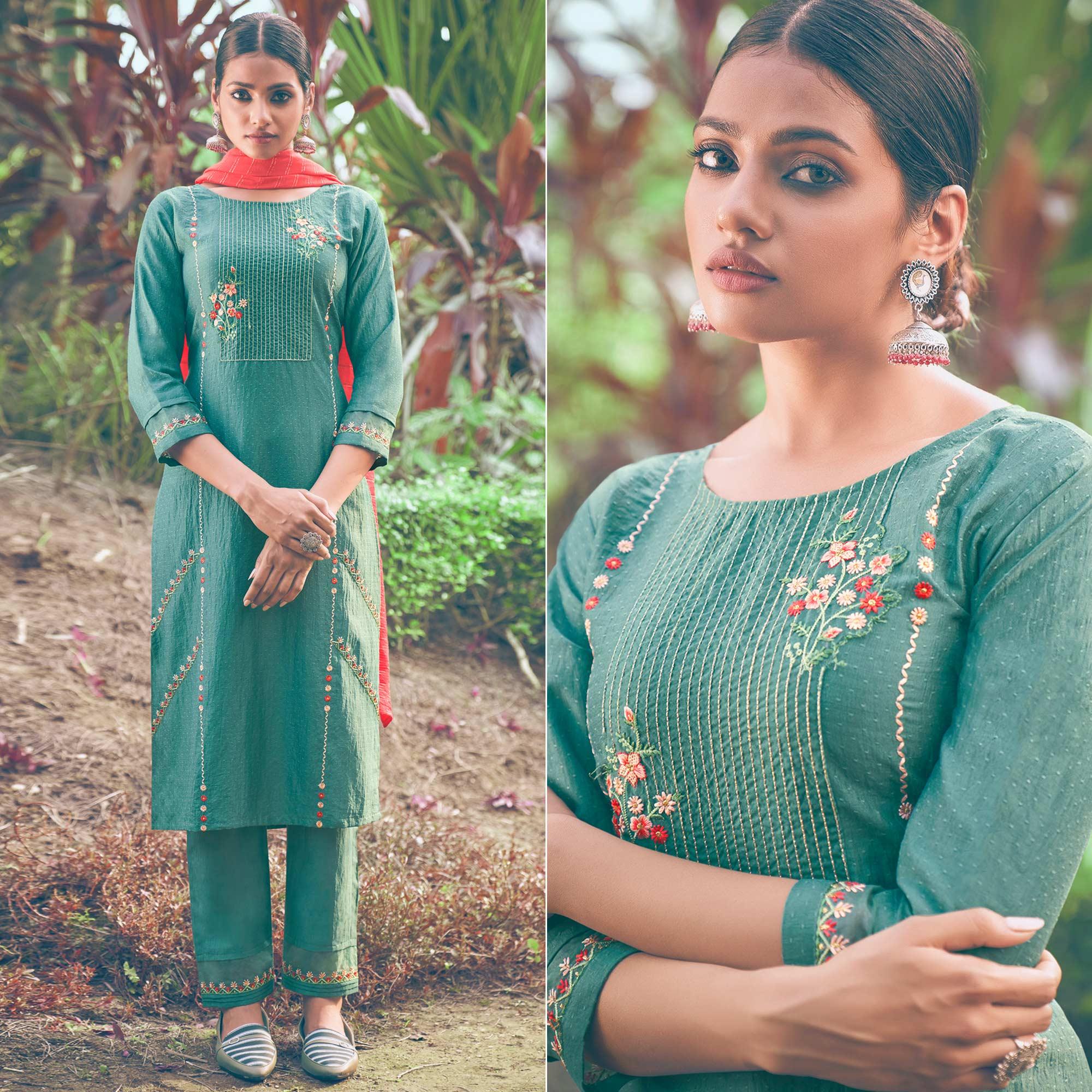 Green Floral Embroidered Chiffon Kurti Pant Set with Dupatta - Peachmode