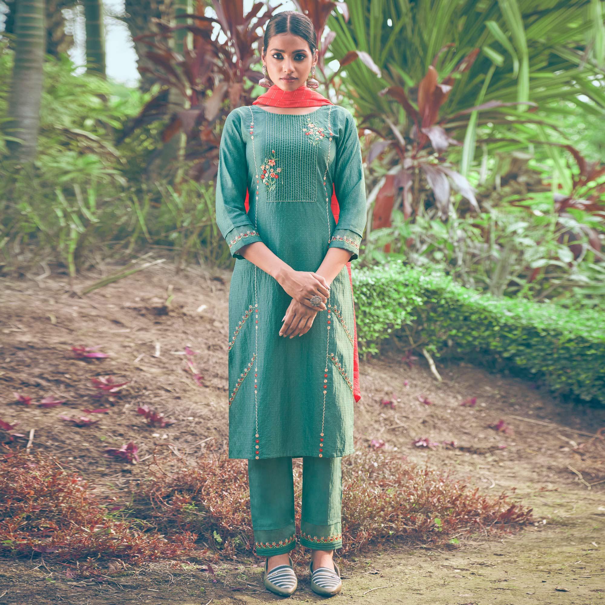 Green Floral Embroidered Chiffon Kurti Pant Set with Dupatta - Peachmode