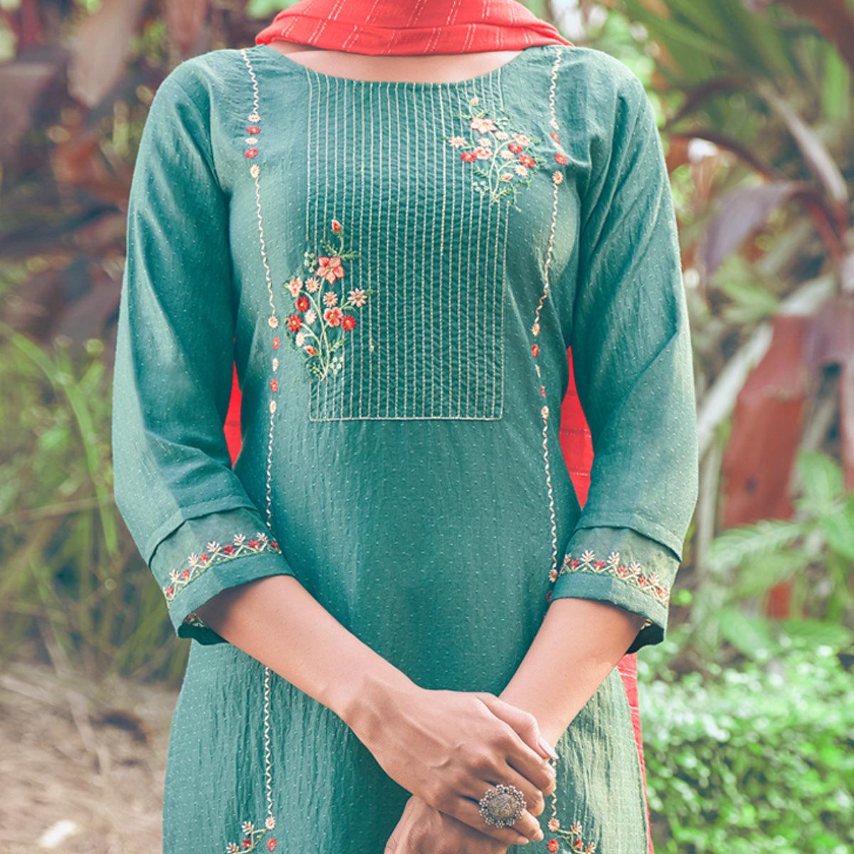 Green Floral Embroidered Chiffon Kurti Pant Set with Dupatta - Peachmode