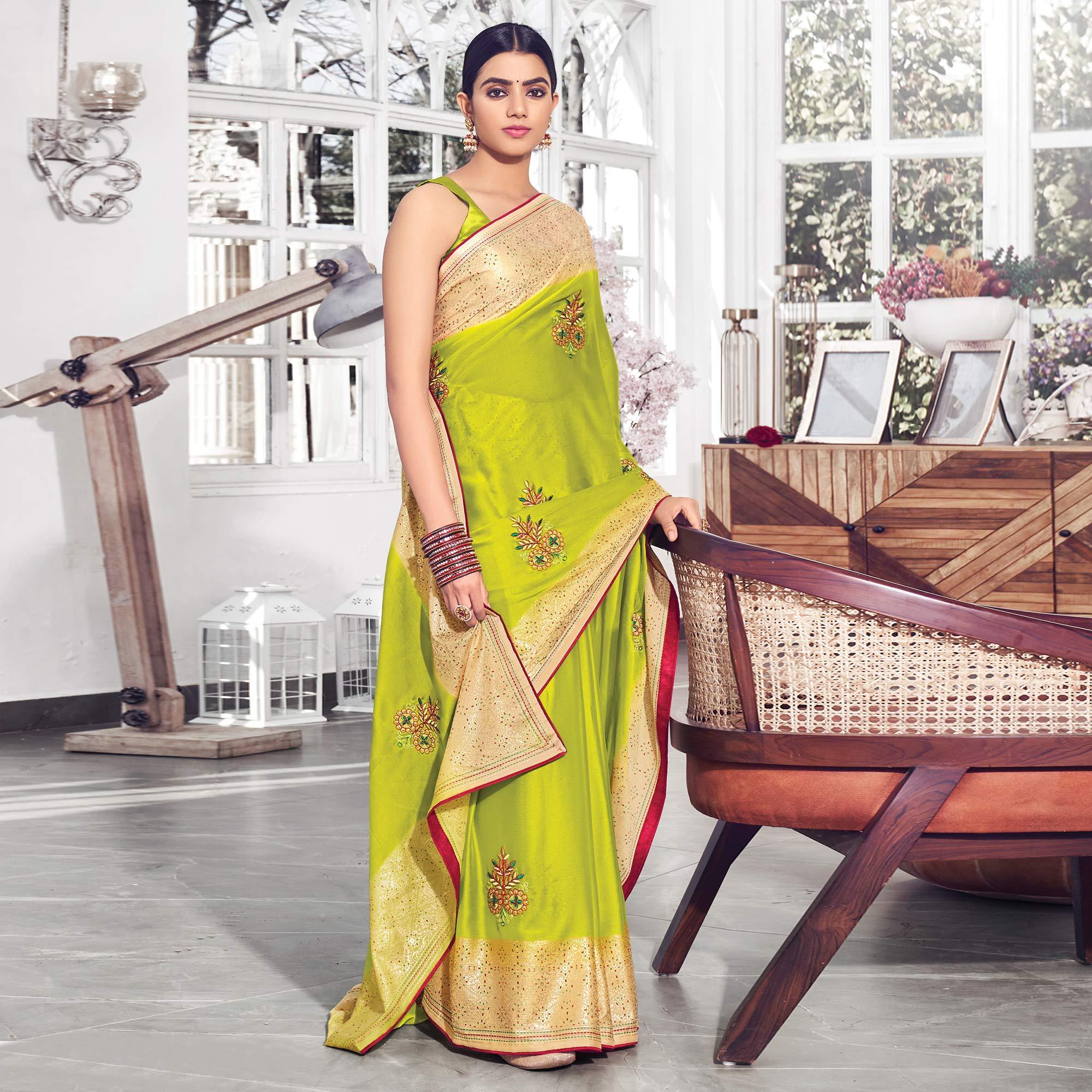 Green Floral Embroidered Chiffon Saree - Peachmode
