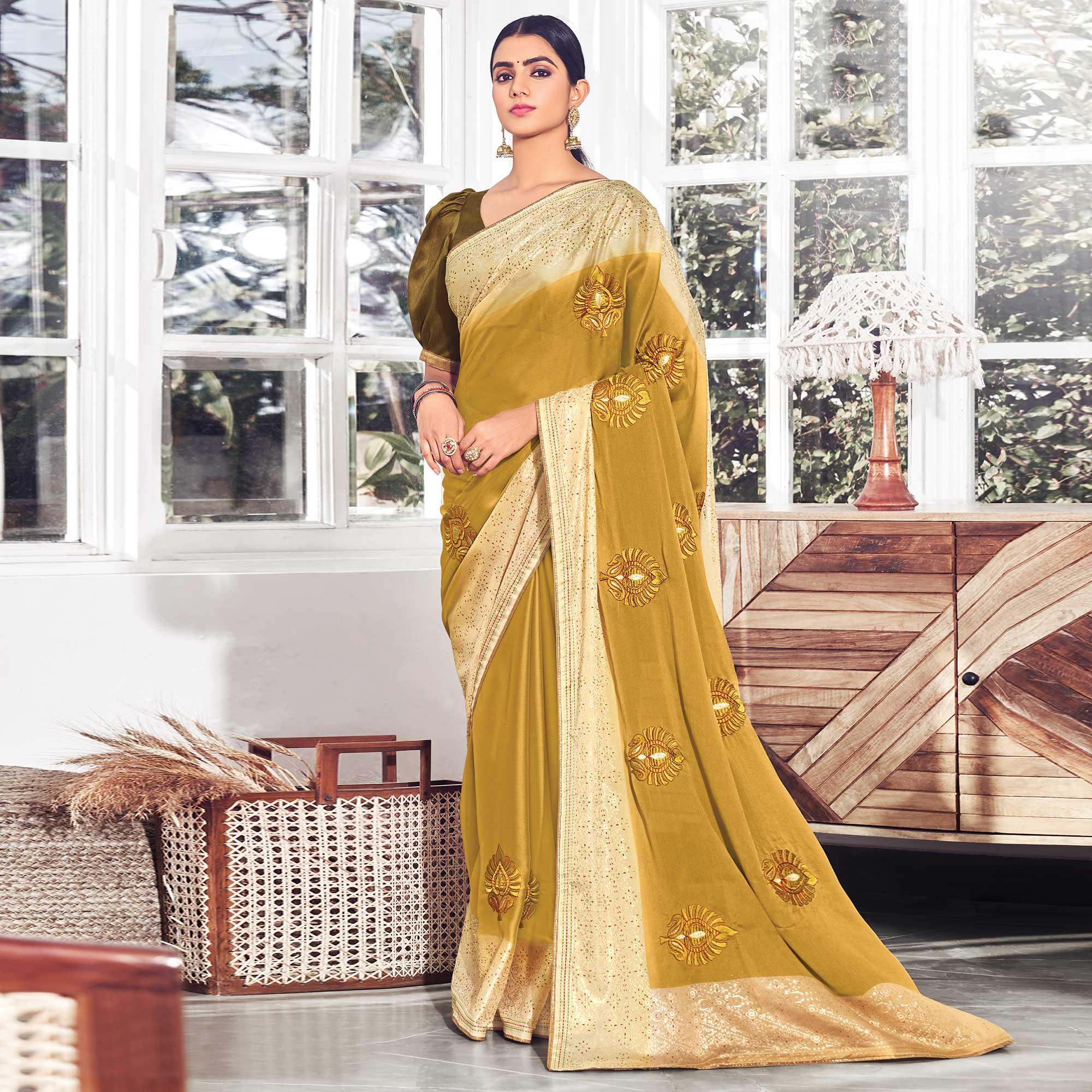 Green Floral Embroidered Chiffon Saree - Peachmode