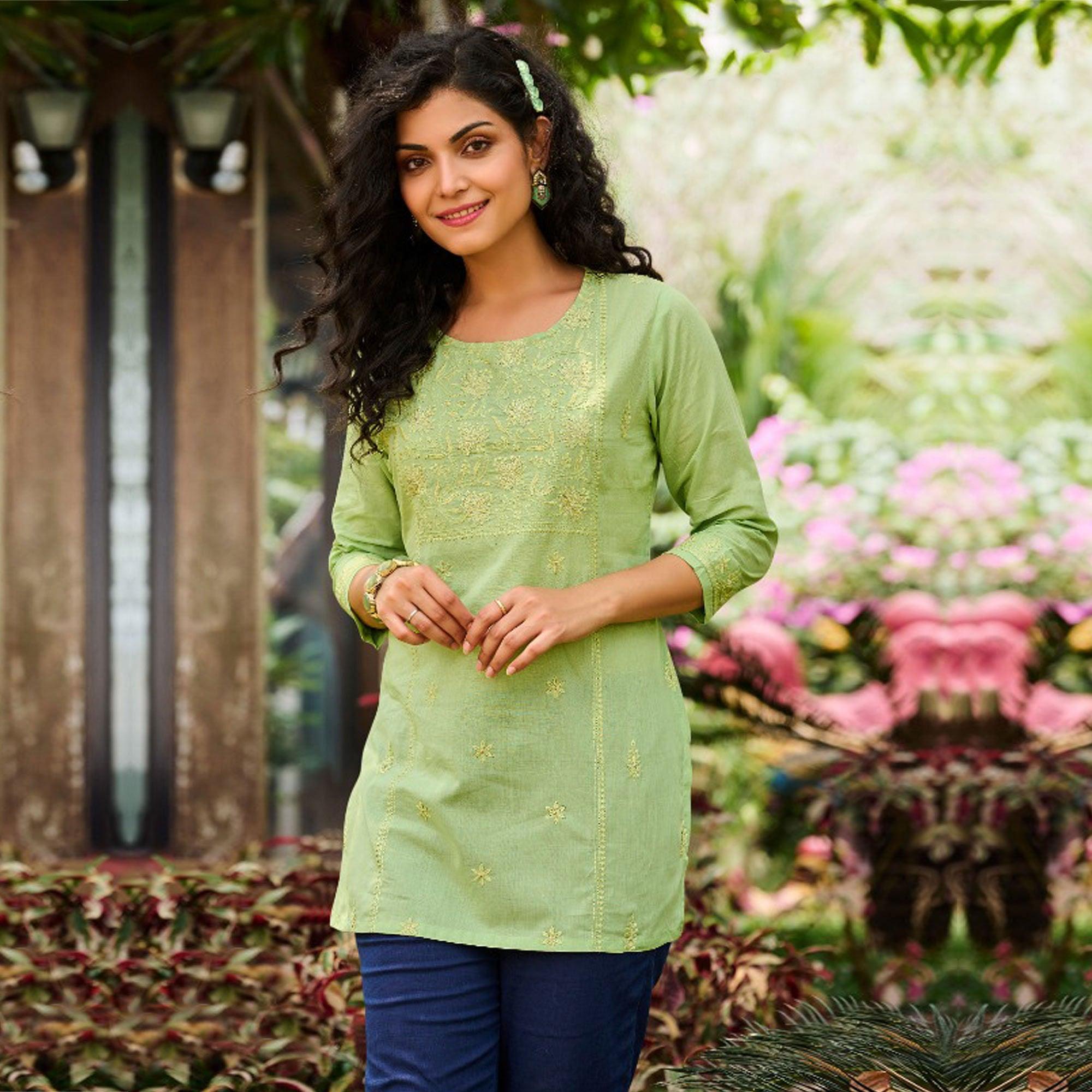 Green Floral Embroidered Cotton Top - Peachmode