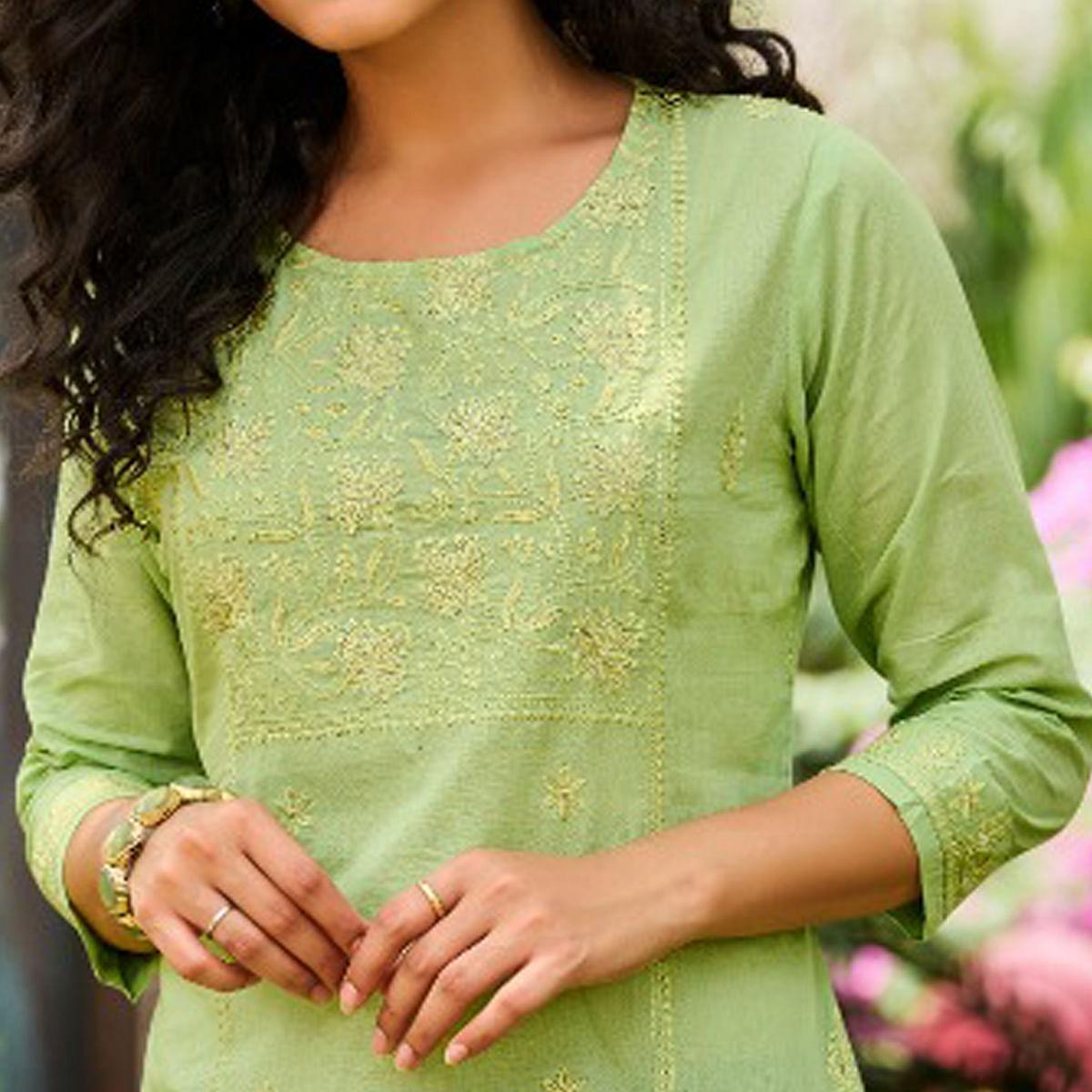 Green Floral Embroidered Cotton Top - Peachmode