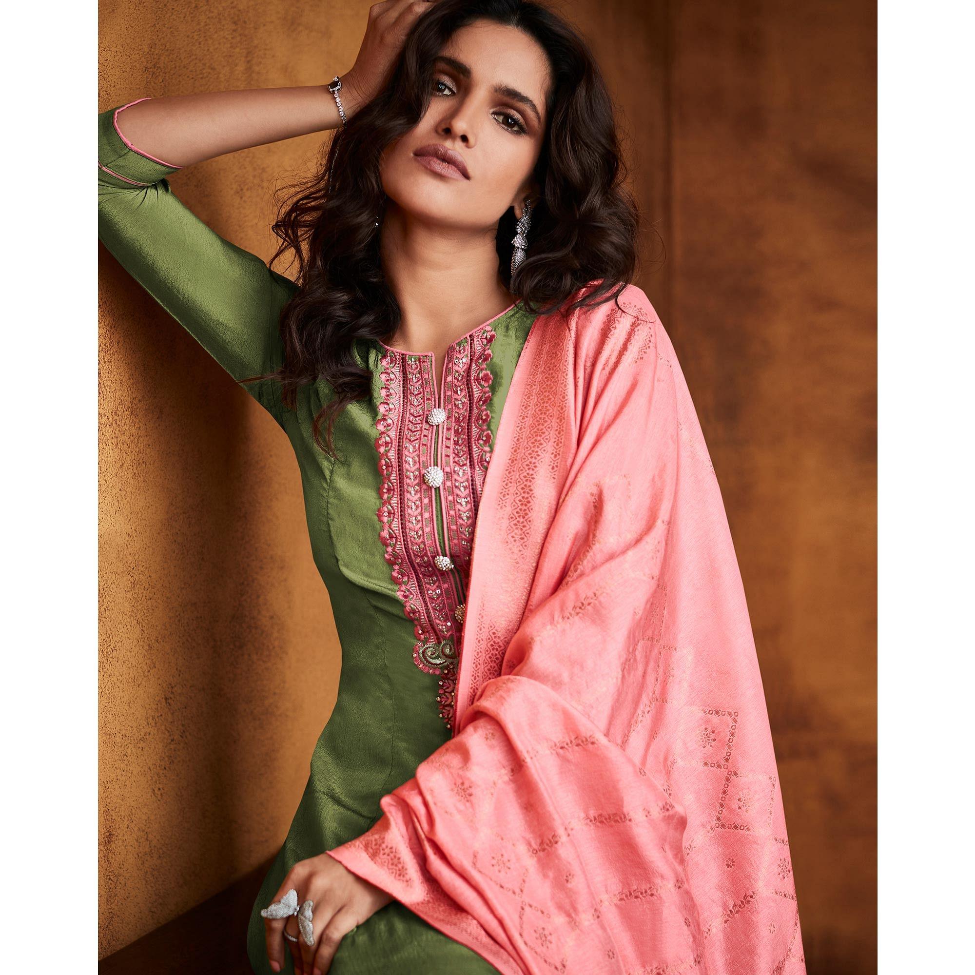 Green Floral Embroidered Fiona Silk Partywear Suit - Peachmode