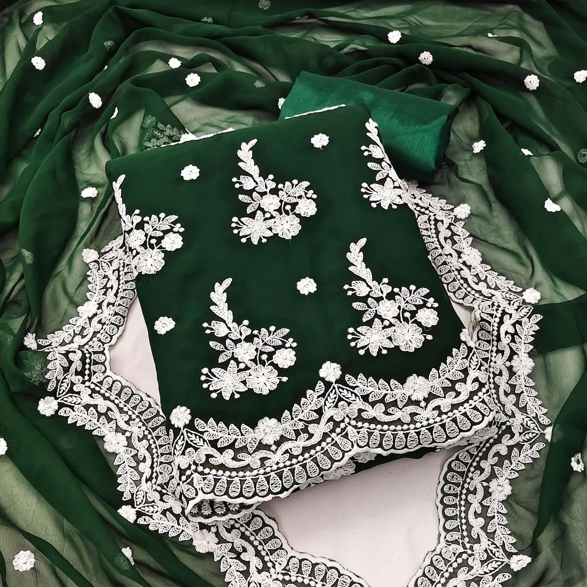 Green Floral Embroidered Georgette Dress Material - Peachmode