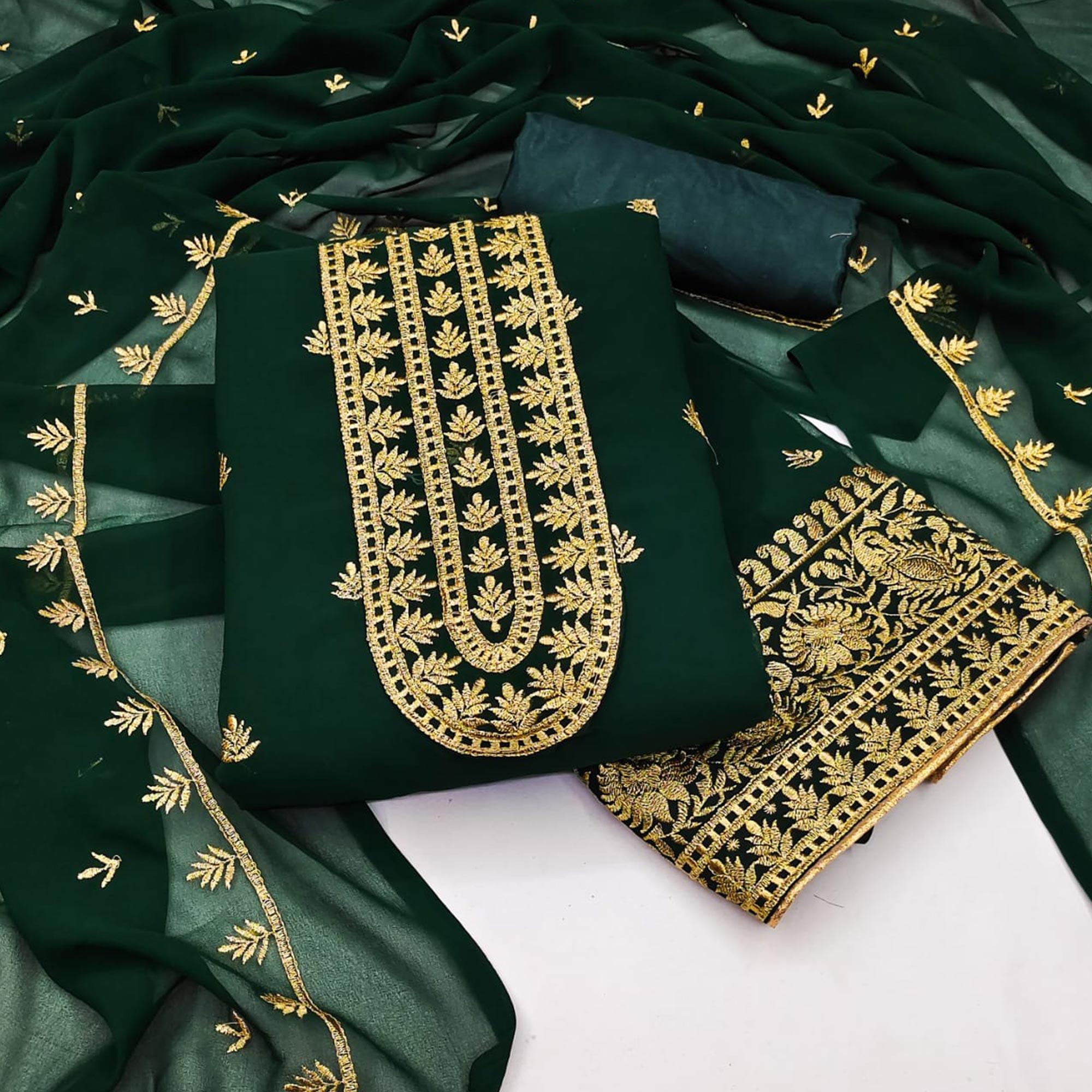 Green Floral Embroidered Georgette Dress Material - Peachmode