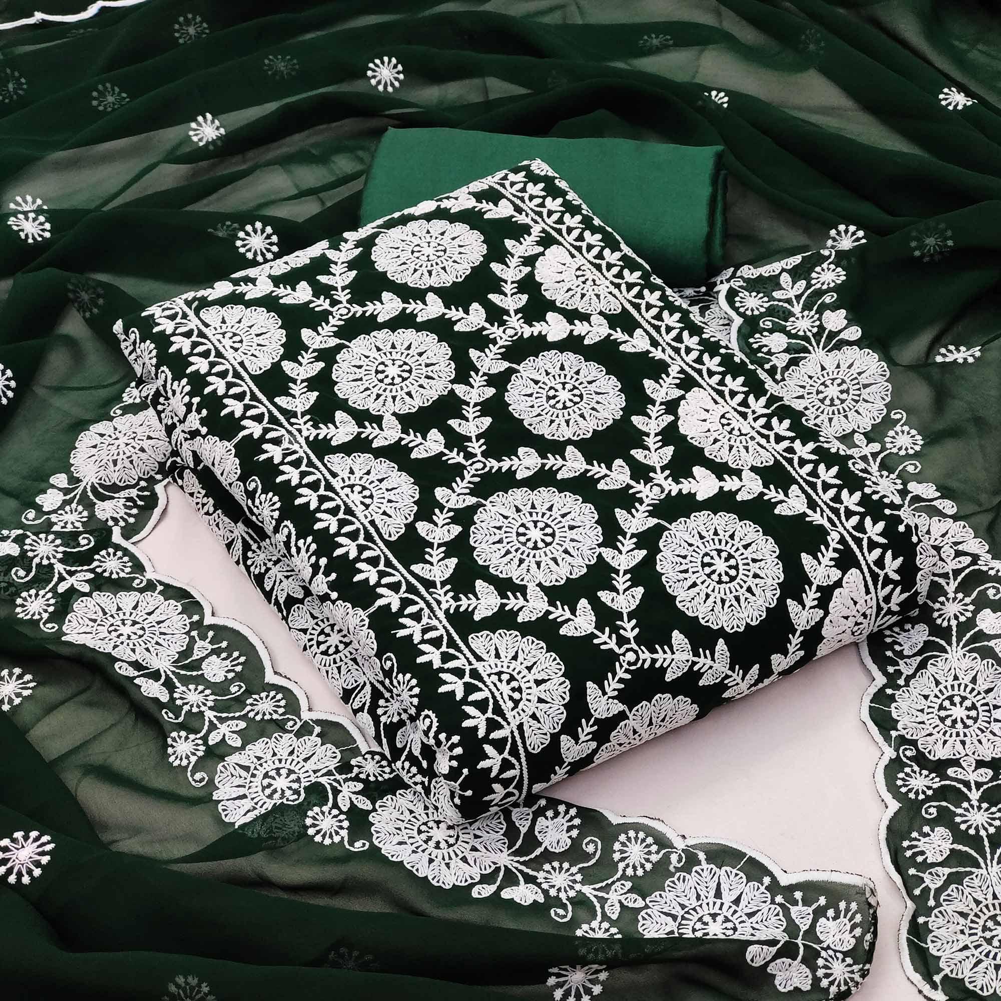 Green Floral Embroidered Georgette Dress Material - Peachmode