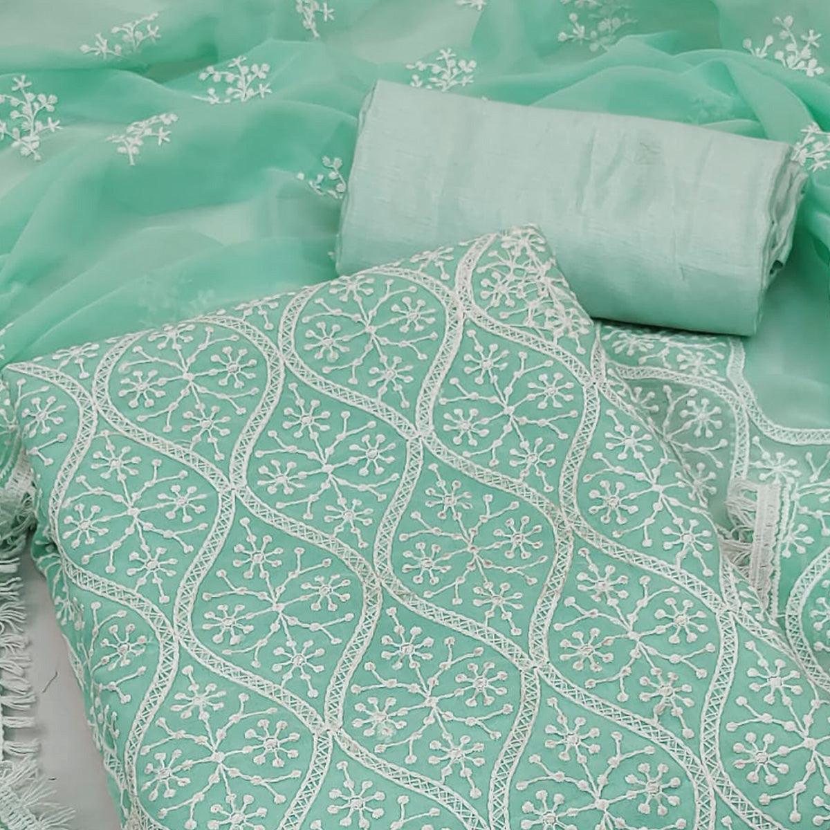 Green Floral Embroidered Georgette Dress Material - Peachmode