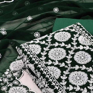 Green Floral Embroidered Georgette Dress Material - Peachmode