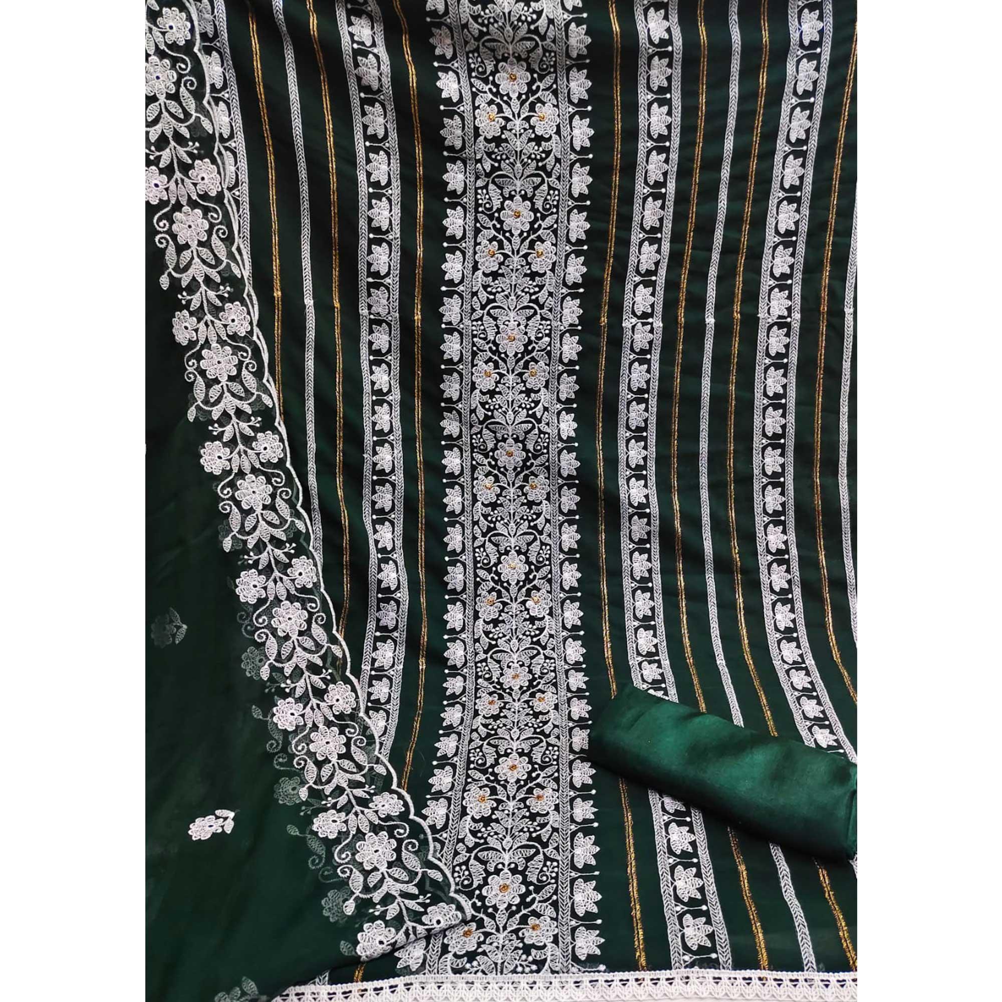 Green Floral Embroidered Georgette Dress Material - Peachmode