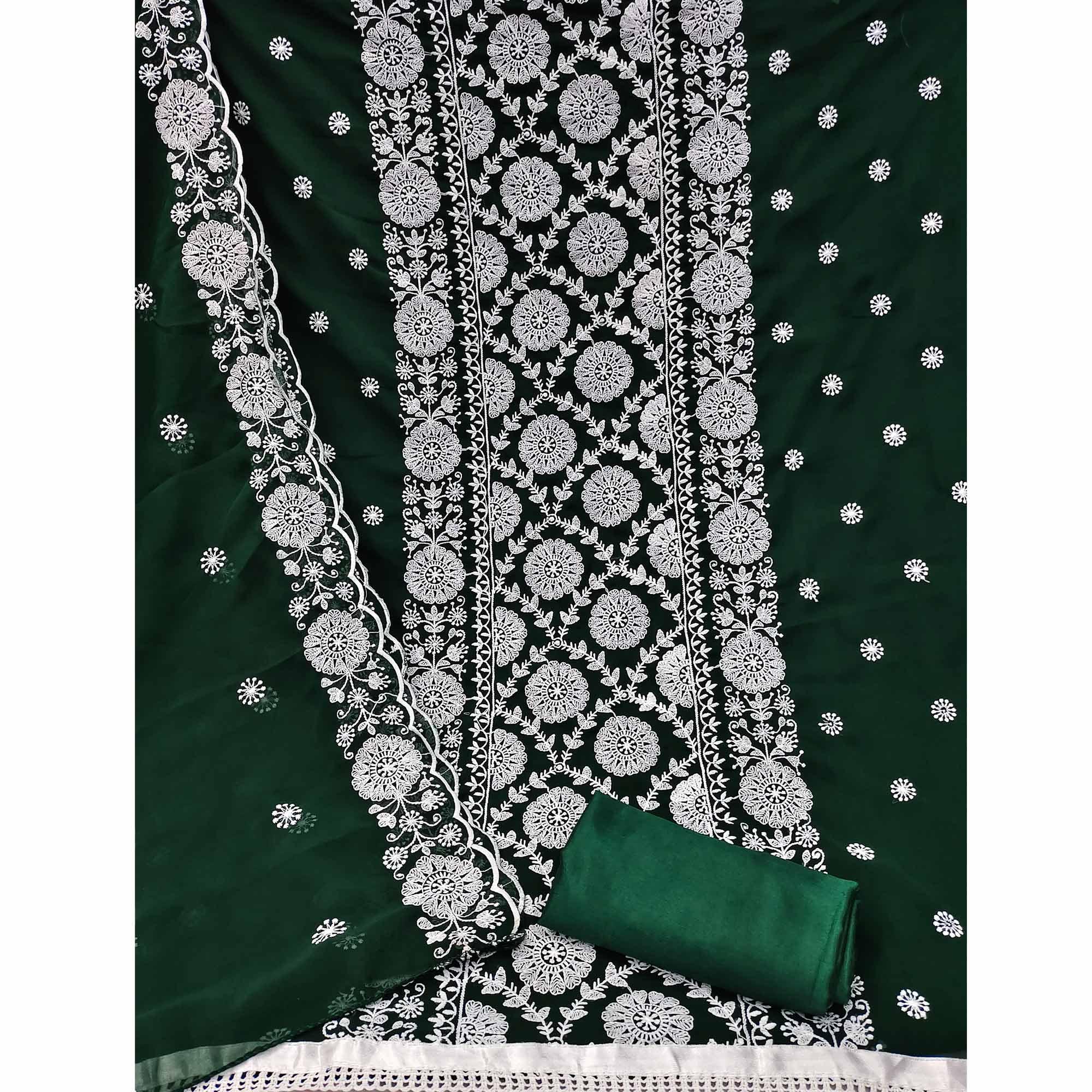 Green Floral Embroidered Georgette Dress Material - Peachmode