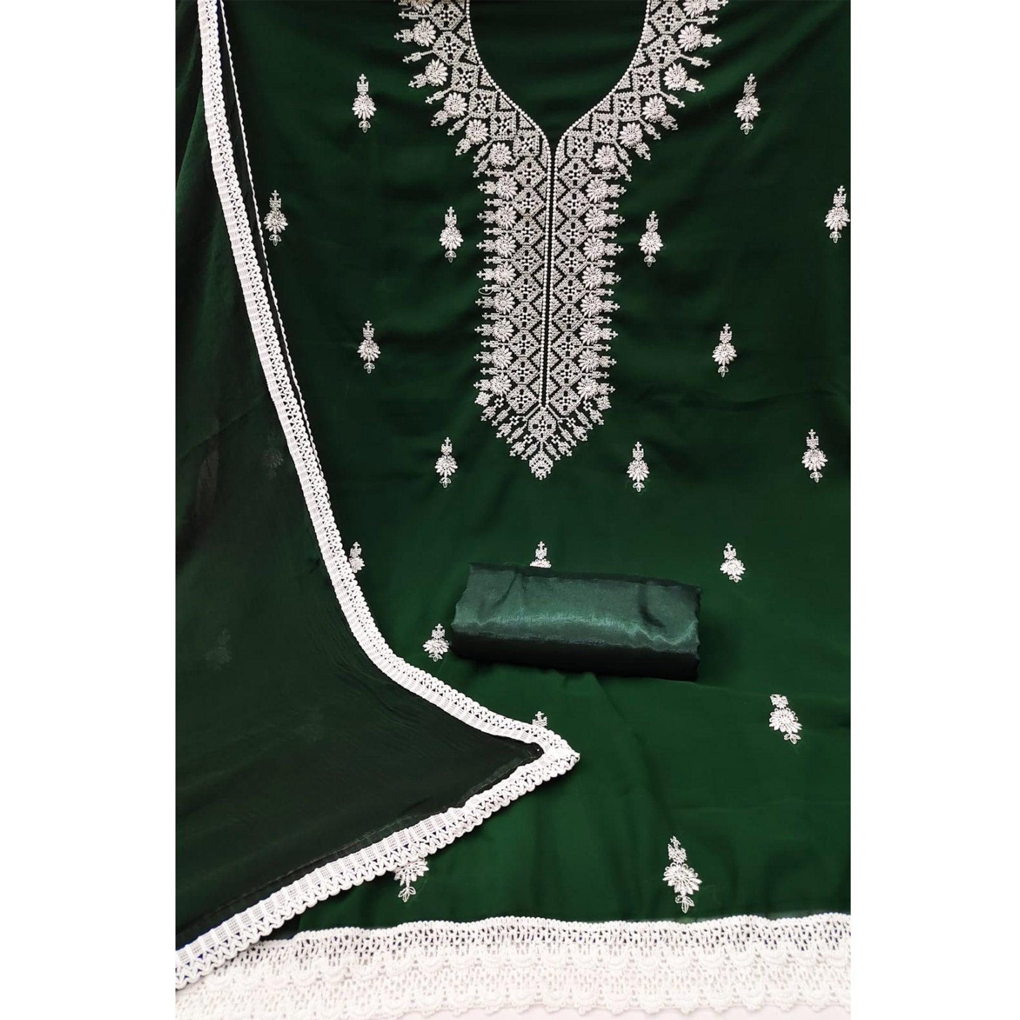 Green Floral Embroidered Georgette Dress Material - Peachmode