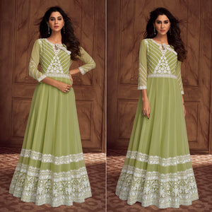 Green Floral Embroidered Georgette Gown - Peachmode