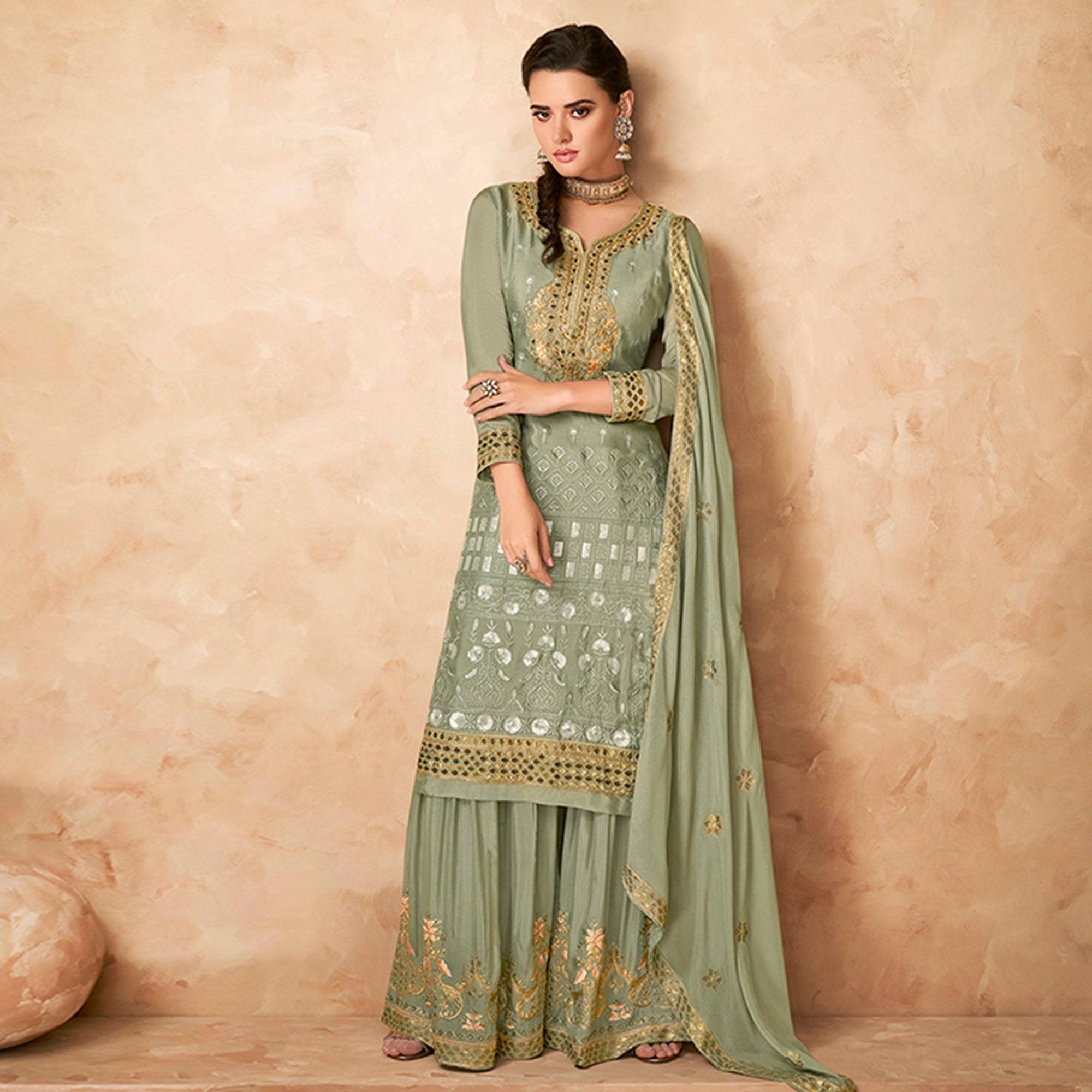 Green Floral Embroidered Georgette Partywear Palazzo Suit - Peachmode