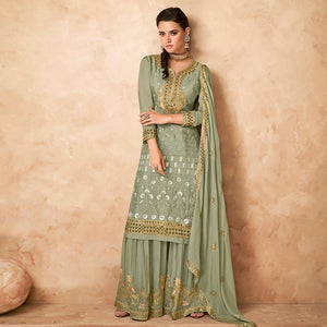 Green Floral Embroidered Georgette Partywear Palazzo Suit - Peachmode