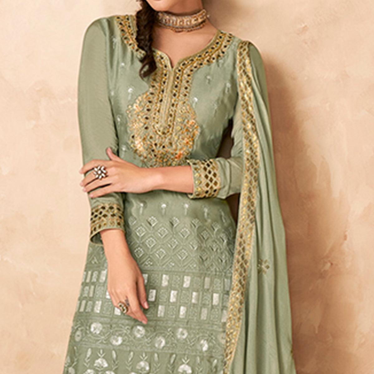 Green Floral Embroidered Georgette Partywear Palazzo Suit - Peachmode