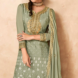 Green Floral Embroidered Georgette Partywear Palazzo Suit - Peachmode