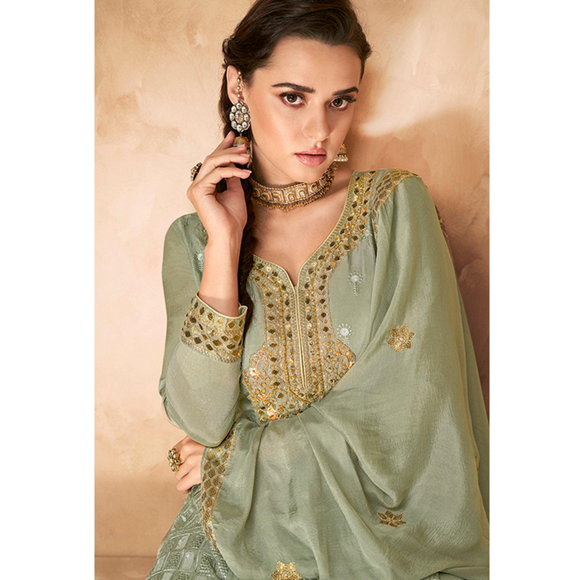 Green Floral Embroidered Georgette Partywear Palazzo Suit - Peachmode