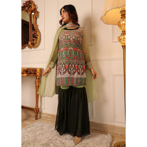 Green Floral Embroidered Georgette Sharara Suit - Peachmode