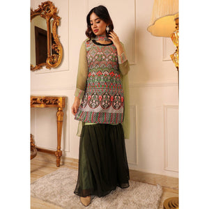 Green Floral Embroidered Georgette Sharara Suit - Peachmode