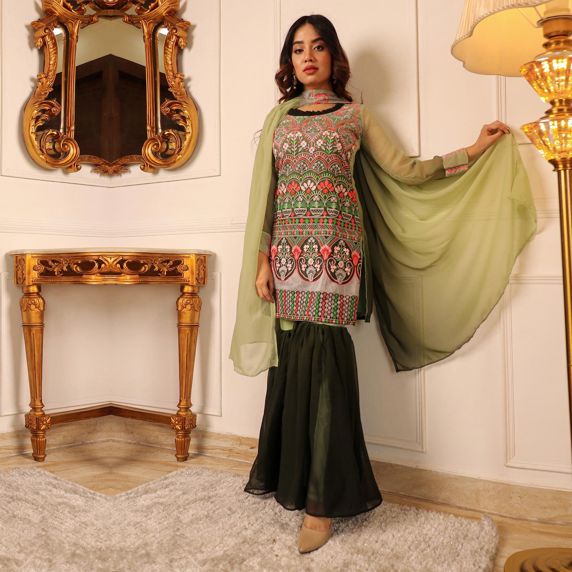 Green Floral Embroidered Georgette Sharara Suit - Peachmode