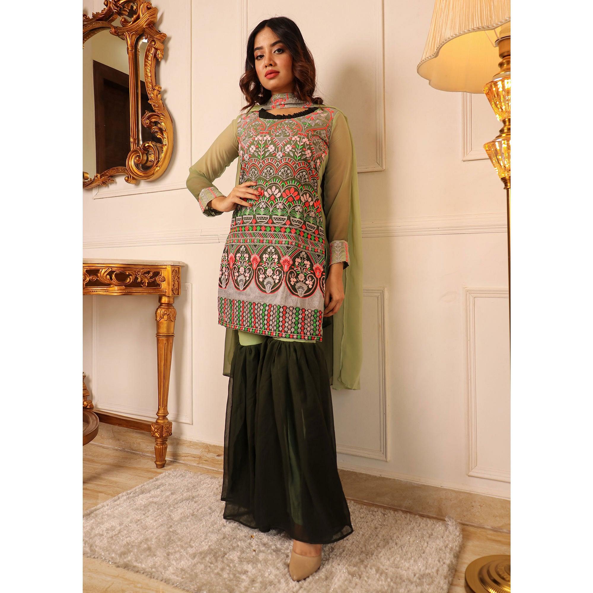 Green Floral Embroidered Georgette Sharara Suit - Peachmode