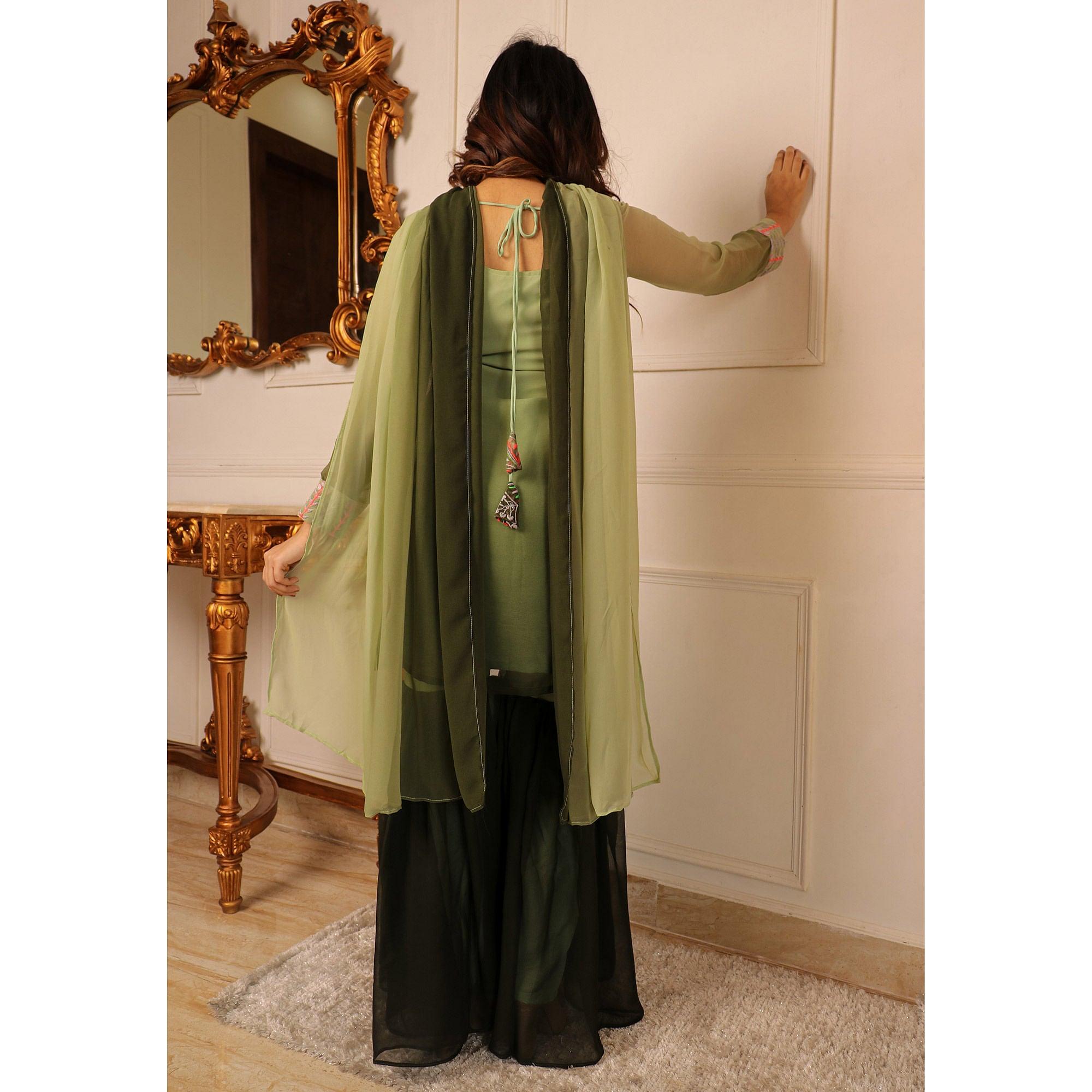 Green Floral Embroidered Georgette Sharara Suit - Peachmode