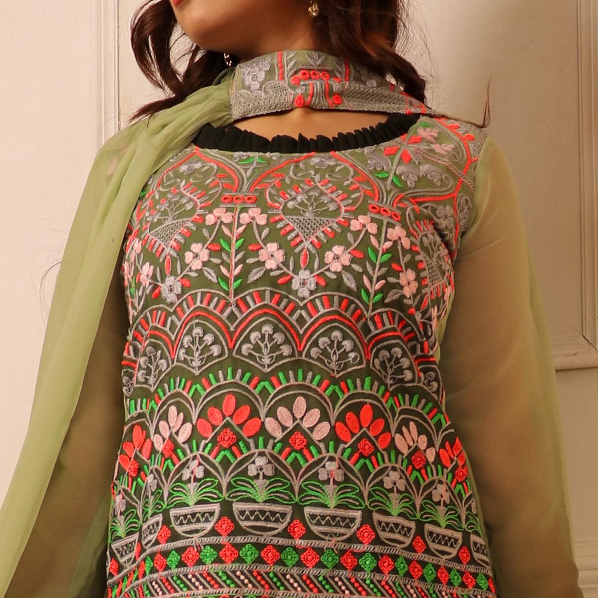 Green Floral Embroidered Georgette Sharara Suit - Peachmode