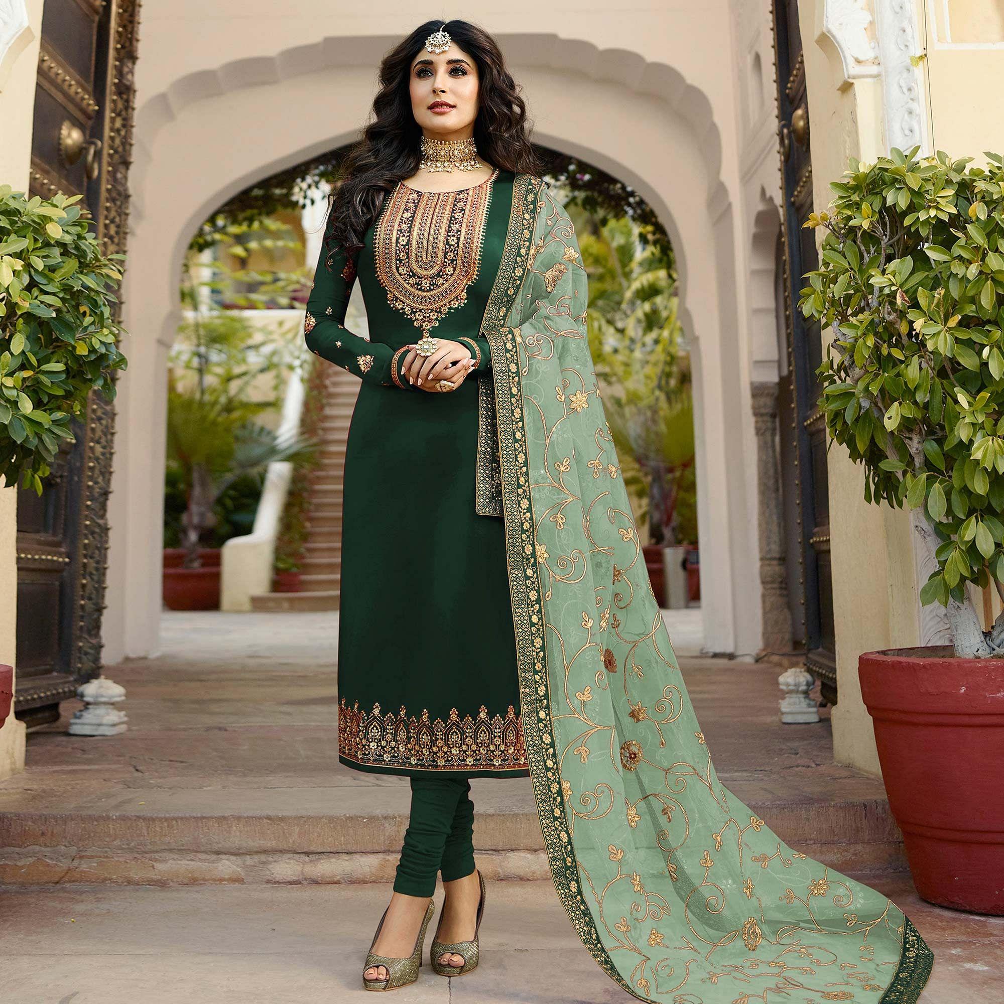 Green Floral Embroidered Georgette Suit - Peachmode