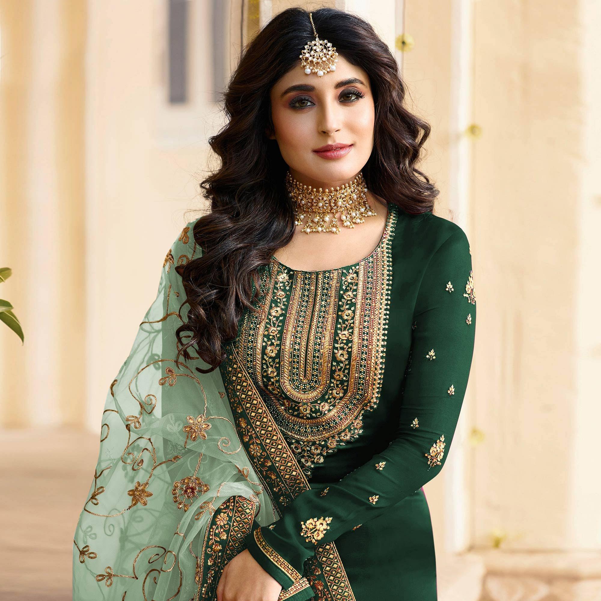 Green Floral Embroidered Georgette Suit - Peachmode
