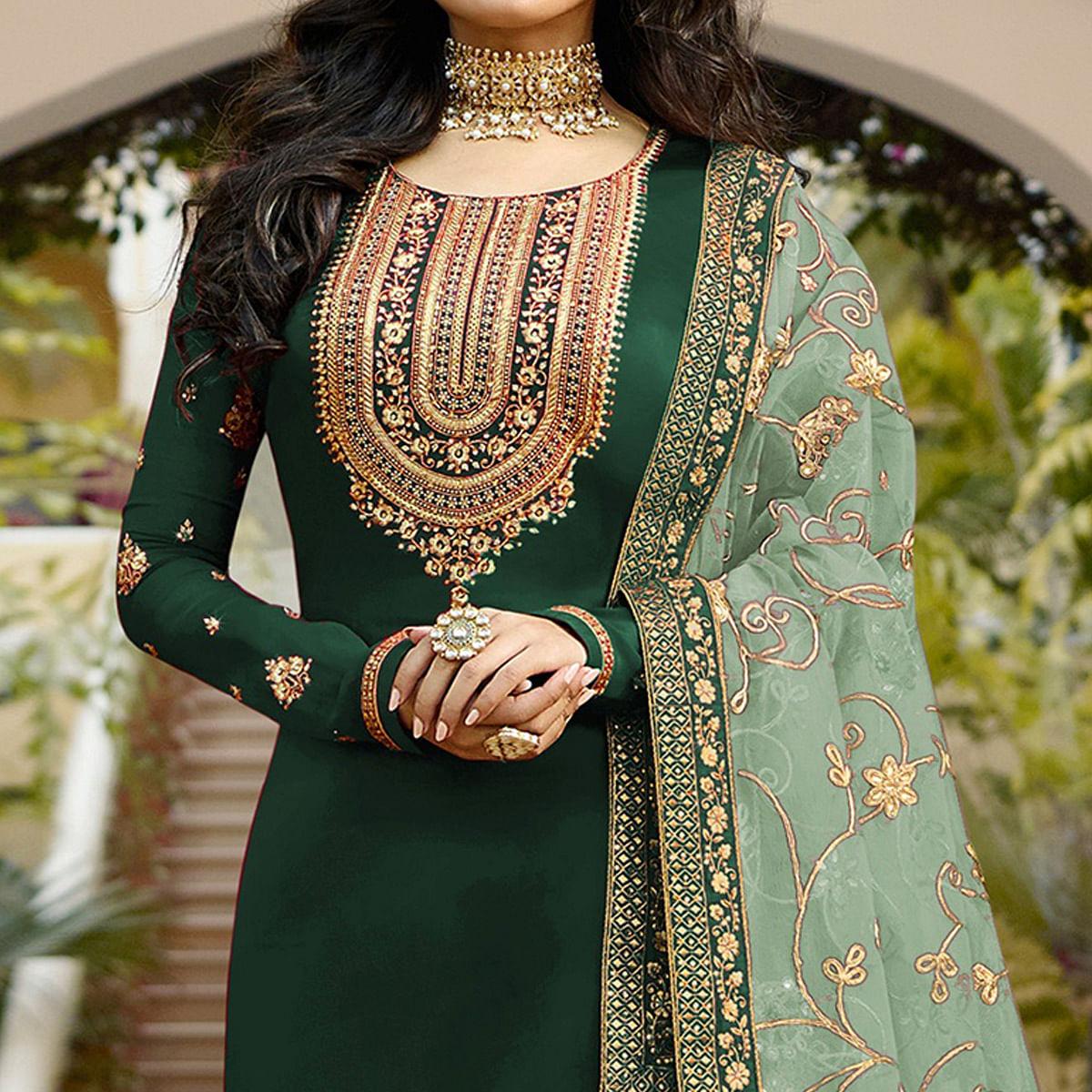 Green Floral Embroidered Georgette Suit - Peachmode