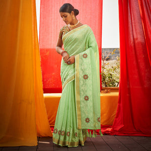 Green Floral Embroidered Linen Saree - Peachmode