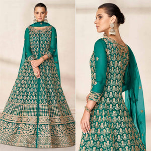 Green Floral Embroidered Net Anarkali Style Gown - Peachmode