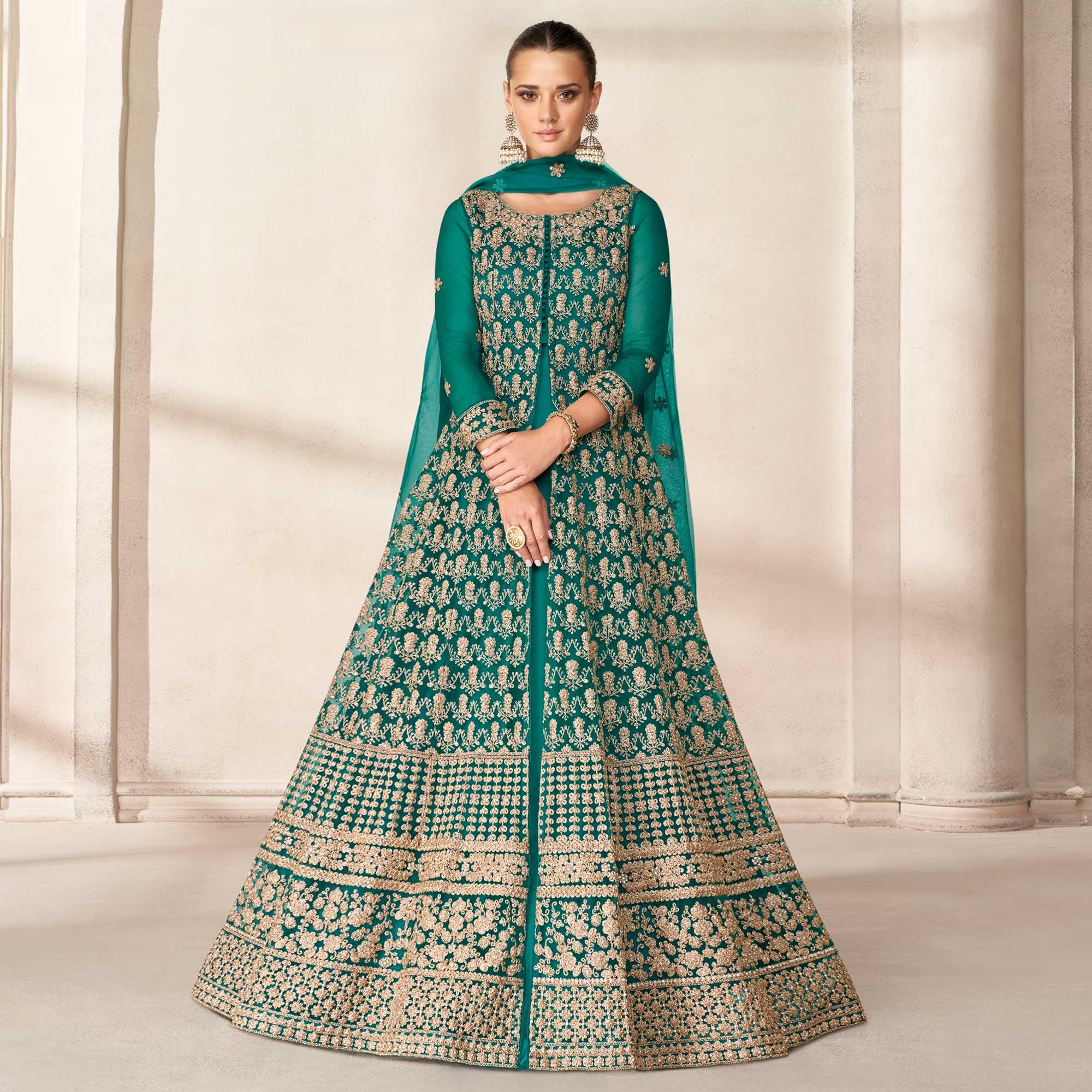 Green Floral Embroidered Net Anarkali Style Gown - Peachmode