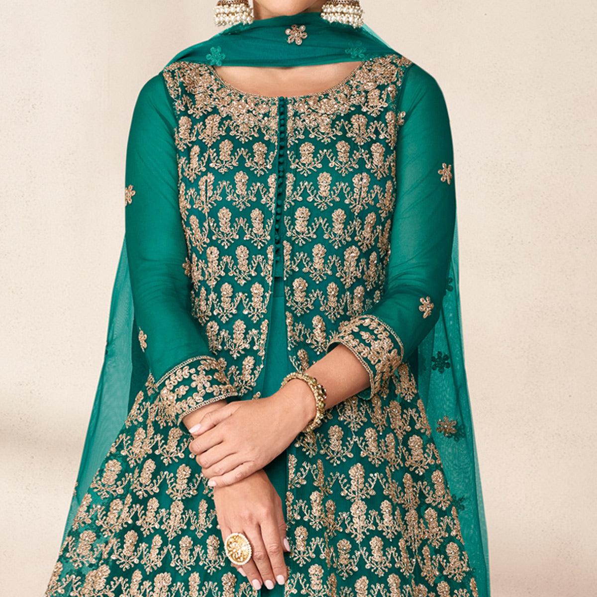 Green Floral Embroidered Net Anarkali Style Gown - Peachmode