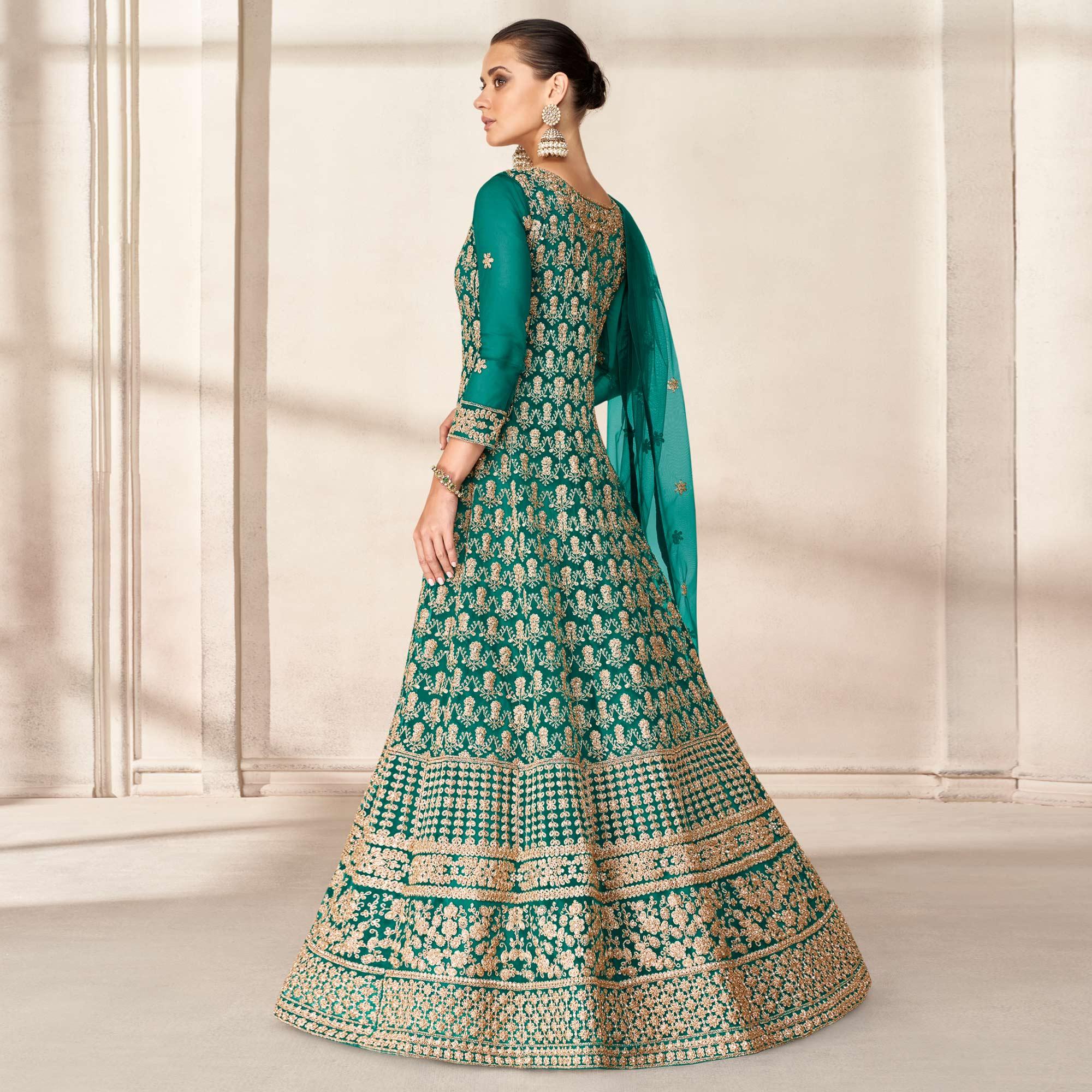 Green Floral Embroidered Net Anarkali Style Gown - Peachmode