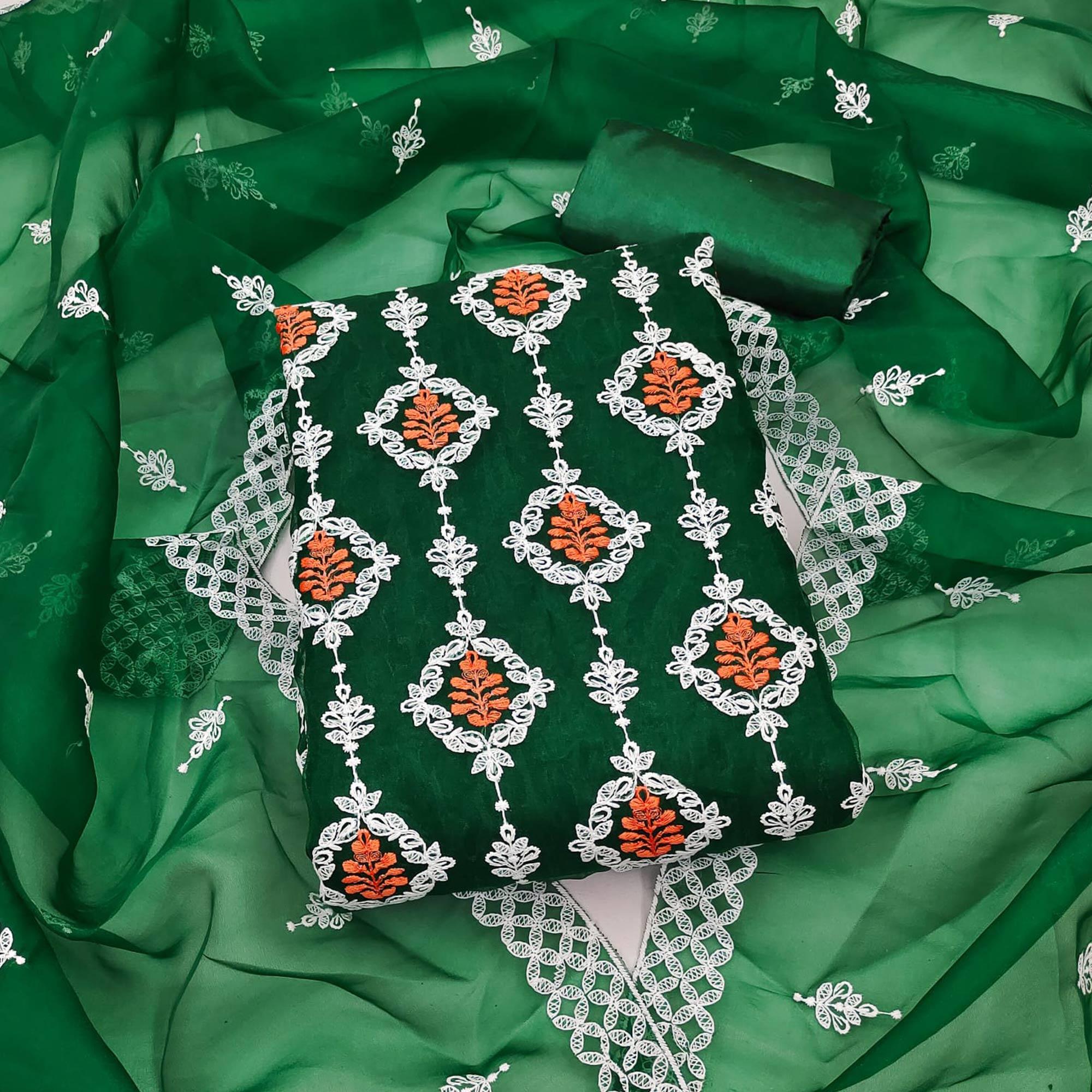 Green Floral Embroidered Organza Dress Material - Peachmode