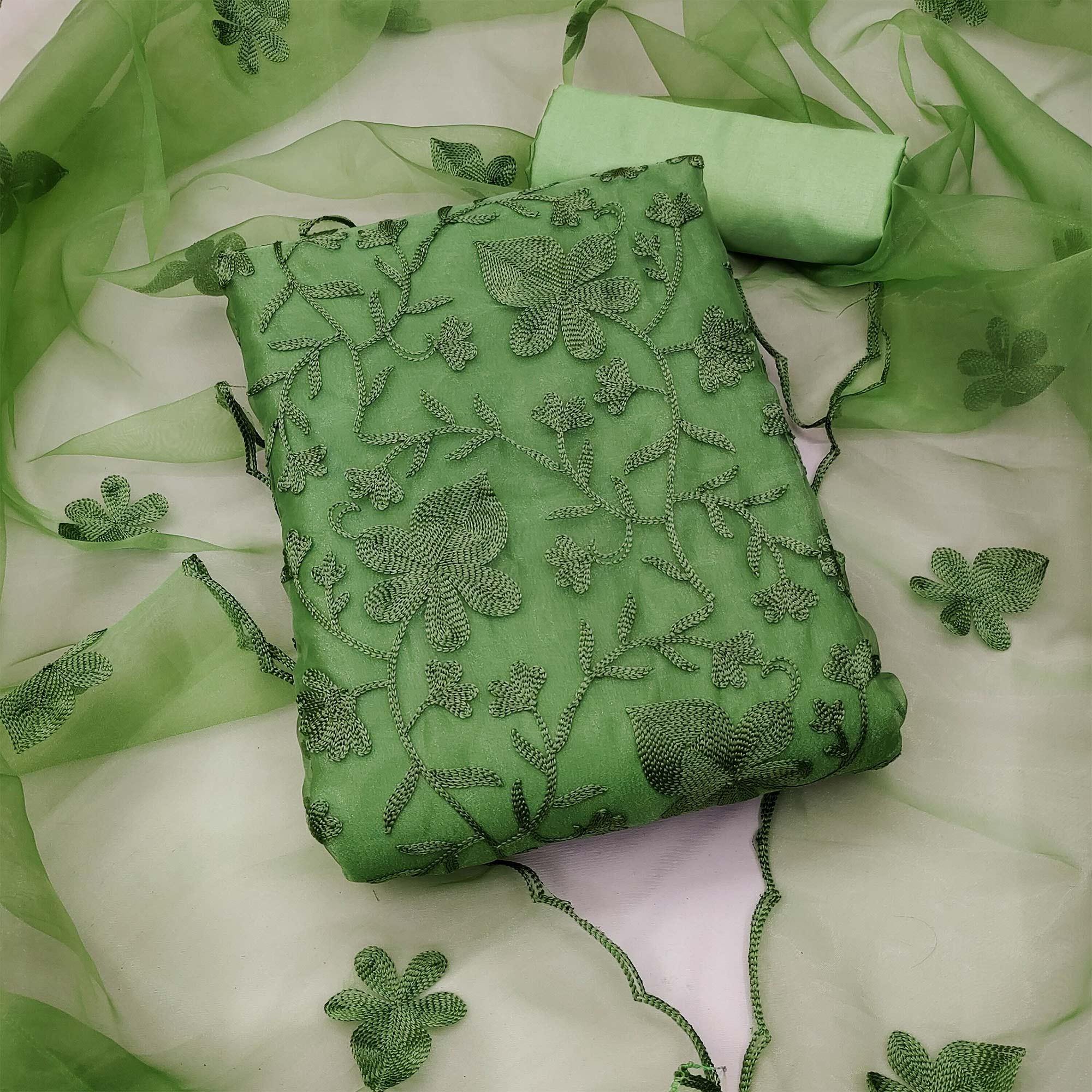 Green Floral Embroidered Organza Dress Material - Peachmode