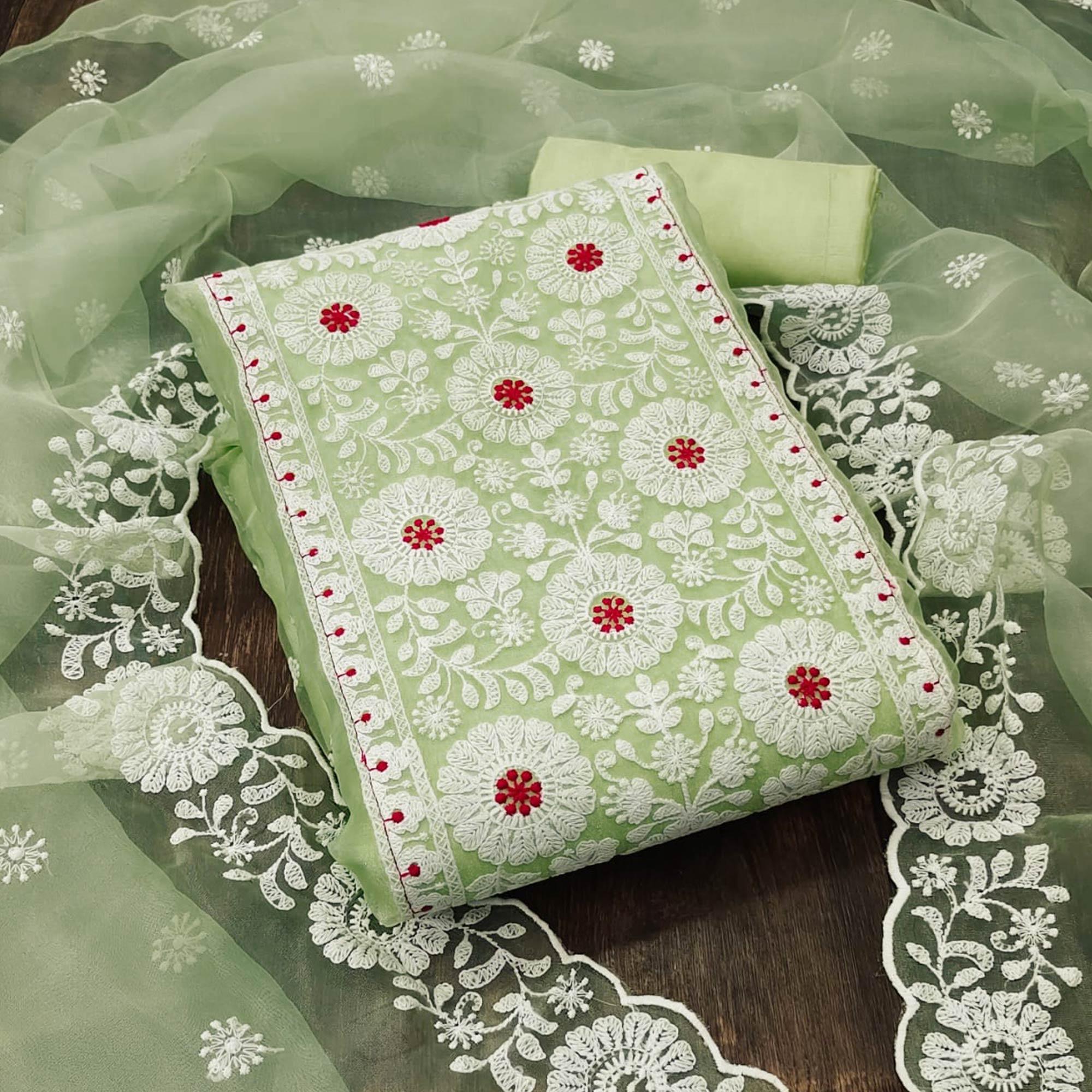 Green Floral Embroidered Organza Dress Material - Peachmode