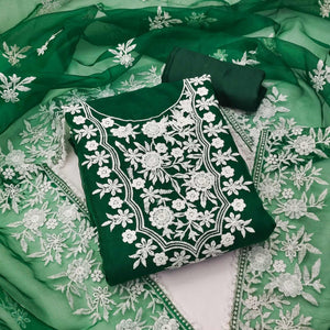 Green Floral Embroidered Organza Dress Material - Peachmode
