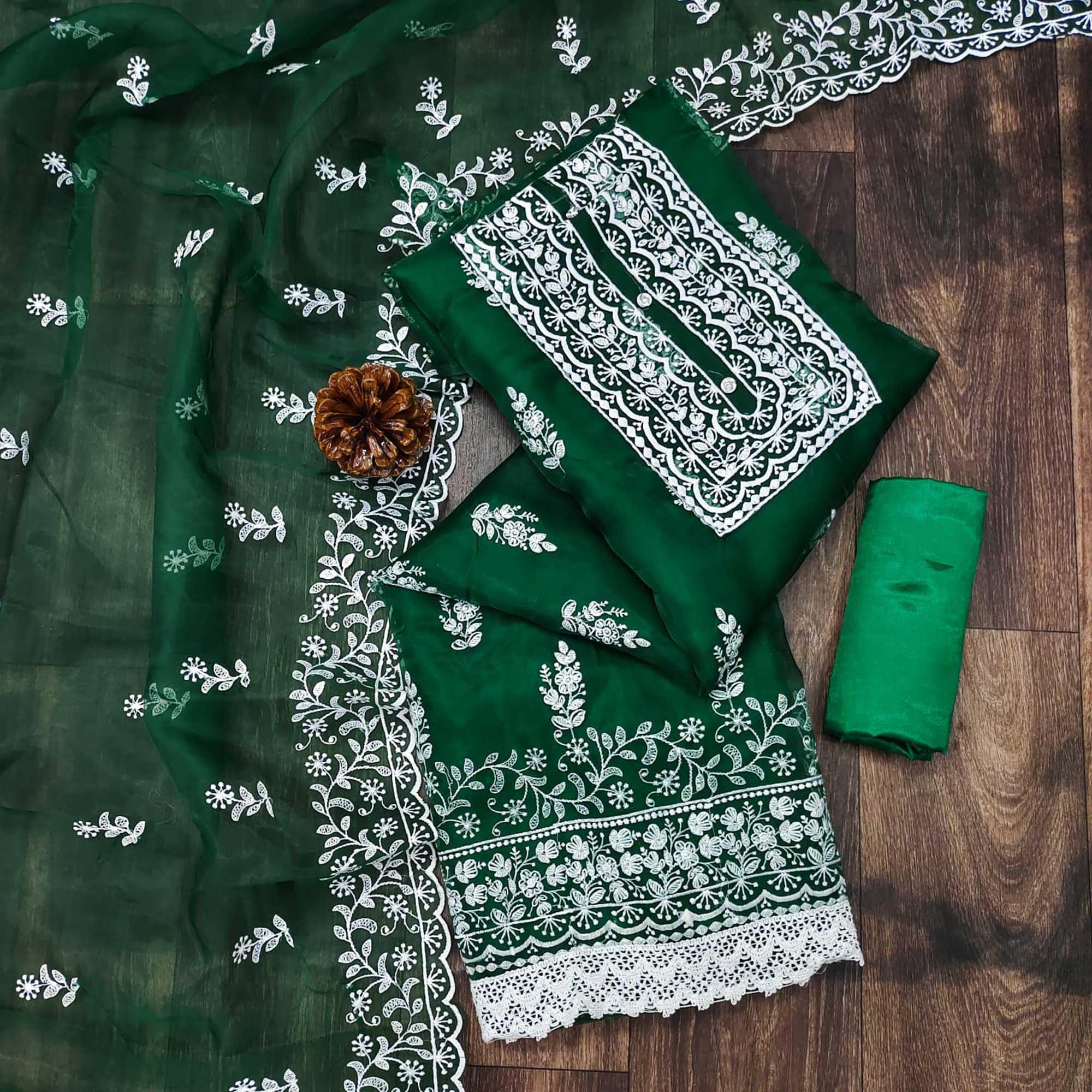 Green Floral Embroidered Organza Dress Material - Peachmode