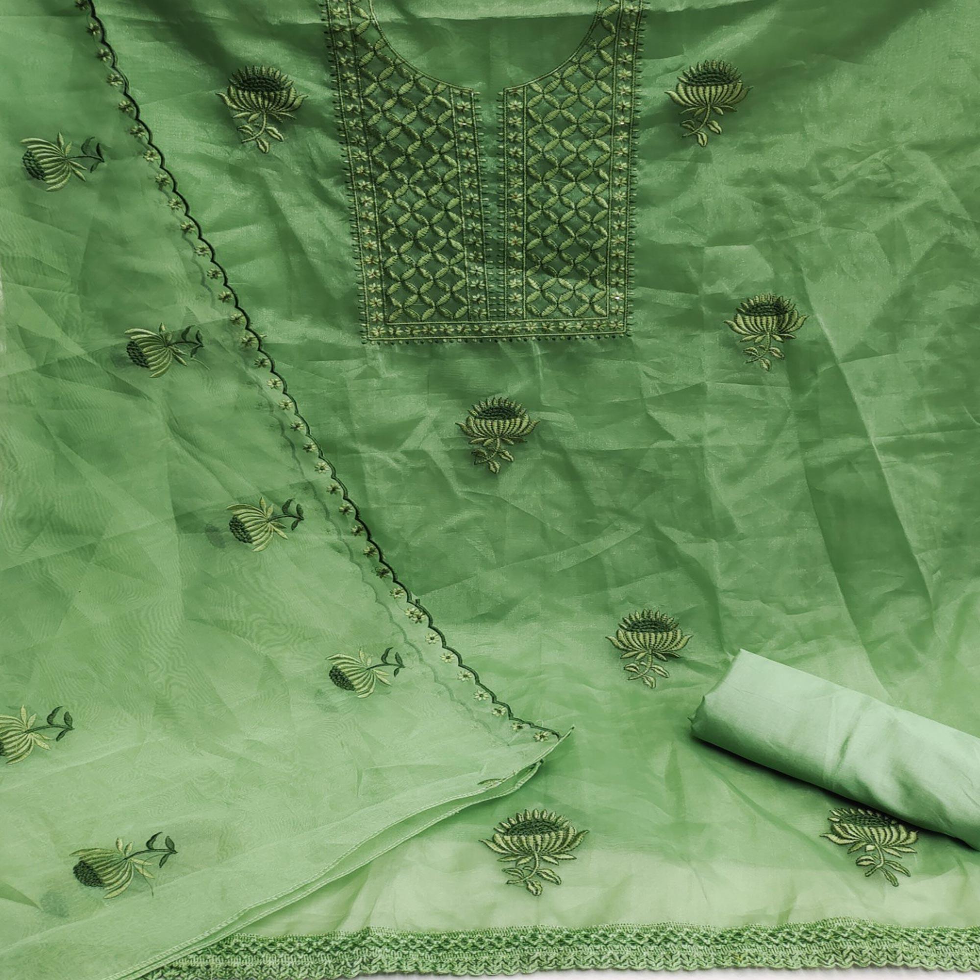 Green Floral Embroidered Organza Dress Material - Peachmode