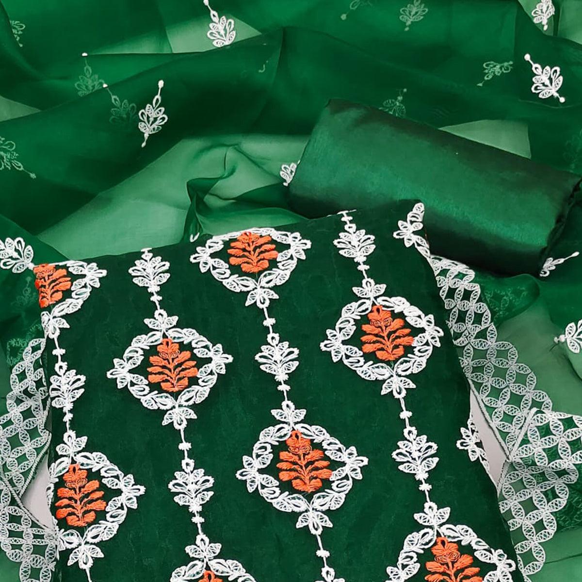 Green Floral Embroidered Organza Dress Material - Peachmode