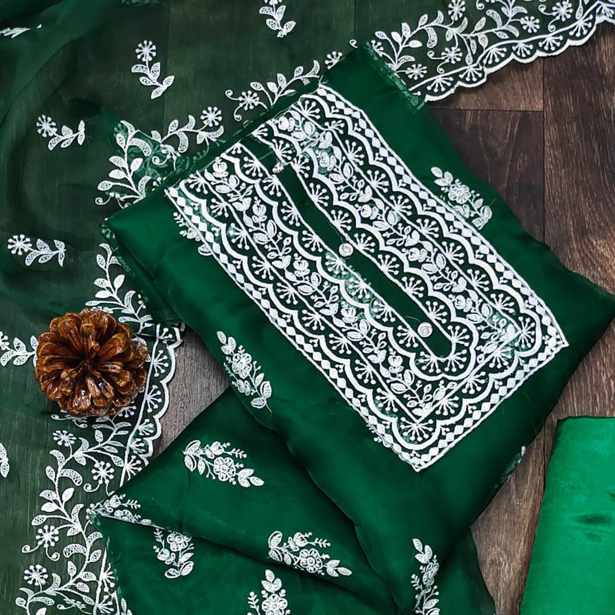 Green Floral Embroidered Organza Dress Material - Peachmode