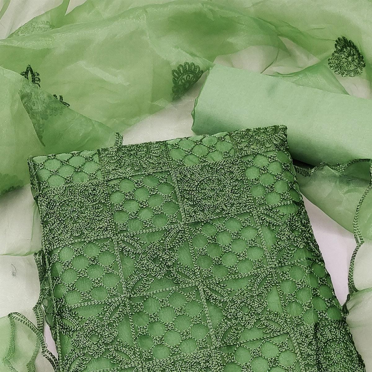 Green Floral Embroidered Organza Dress Material - Peachmode